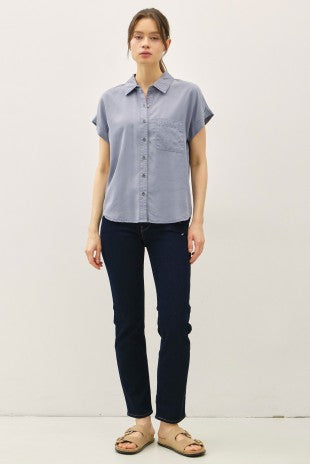 Blue Adriana Button Up Blouse with chest pocket and metallic buttons – Glitz Fine Clothing boutique