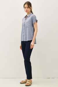 Adriana Button Up Blouse in blue with rounded hem and roll cuff sleeves – women's boutique blouse