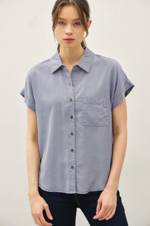 Adriana Button Up Blouse in blue – women's relaxed fit collared blouse with short dolman sleeves | Glitz Fine Clothing