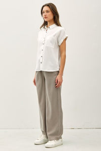 Adriana Button Up Blouse in ivory with rounded hem and roll cuff sleeves – women's boutique blouse