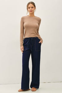 Dark denim Stella Knit Wide Leg Pant with drawstring elastic waist – Glitz Fine Clothing boutique