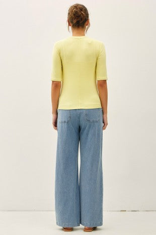 Wide leg knit denim lounge pants in medium wash, side view