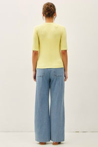 Wide leg knit denim lounge pants in medium wash, side view
