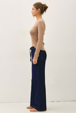 Soft knit denim wide leg pull-on pants with pockets – women's boutique pants