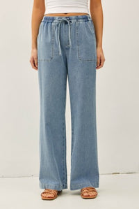 Stella med wash wide leg pant styled, back view