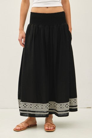 Keegan Embroidered Linen Blend Maxi Skirt in black – women's linen blend maxi skirt with embroidered hem | Glitz Fine Clothing
