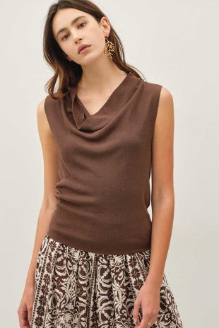 Woman wearing Linda brown cowl neck sleeveless tank sweater in a fine knit