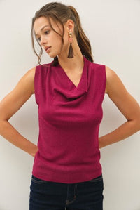 Woman wearing Linda wine cowl neck sleeveless tank sweater in a fine knit