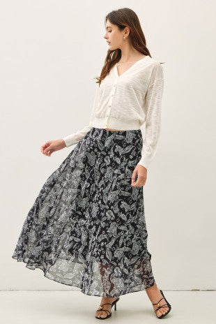 Black paisley chiffon midi skirt for women – Longview Flowy Midi Skirt from Glitz Fine Clothing, Turlock CA