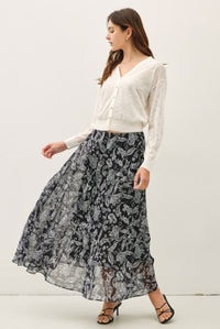 Black paisley chiffon midi skirt for women – Longview Flowy Midi Skirt from Glitz Fine Clothing, Turlock CA
