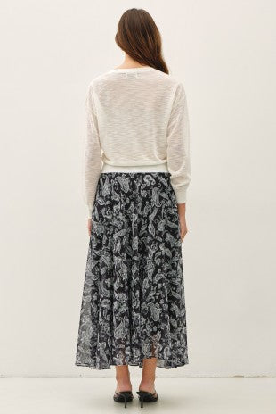 Longview Flowy Midi Skirt in black, whisper-light chiffon with romantic paisley print – Glitz Fine Clothing