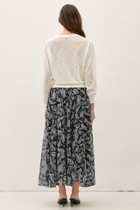 Longview Flowy Midi Skirt in black, whisper-light chiffon with romantic paisley print – Glitz Fine Clothing