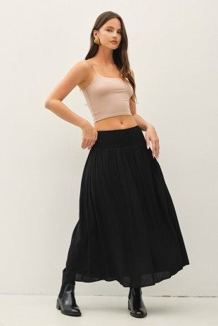 Black Marty Smocked Waist Midi Skirt with side pockets – Glitz Fine Clothing boutique