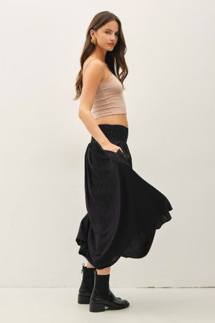 Marty Smocked Waist Midi Skirt in black, fully lined with soft swishy drape – Glitz Fine Clothing