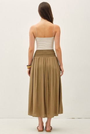Moss green rayon midi skirt for women – Marty Smocked Waist Midi Skirt from Glitz Fine Clothing, Turlock CA