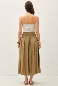 Moss green rayon midi skirt for women – Marty Smocked Waist Midi Skirt from Glitz Fine Clothing, Turlock CA