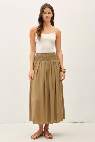 Flowy moss green midi skirt with smocked waistband – women's boutique skirt