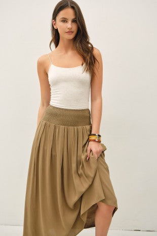 Marty Smocked Waist Midi Skirt in moss green, smocked elastic waist midi – Glitz Fine Clothing, Turlock CA
