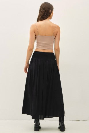 Black rayon midi skirt for women – Marty Smocked Waist Midi Skirt from Glitz Fine Clothing, Turlock CA