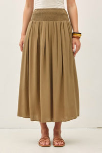 Marty Smocked Waist Midi Skirt in moss, fully lined with soft swishy drape – Glitz Fine Clothing