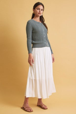 Marty Smocked Waist Midi Skirt in white, fully lined with soft swishy drape – Glitz Fine Clothing