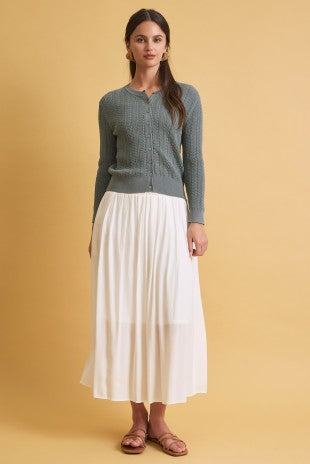Flowy white midi skirt with smocked waistband – women's boutique skirt