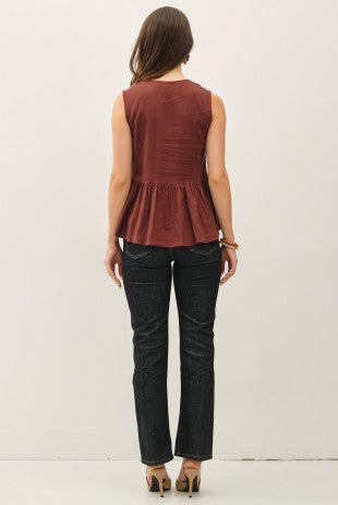 Brown linen peplum top with gathered waist and front buttons