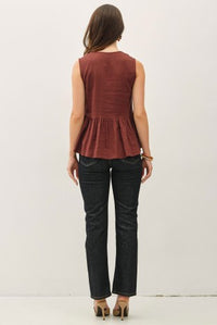 Brown linen peplum top with gathered waist and front buttons