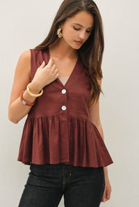 Patricia peplum linen blend top in brown, front view