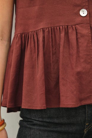Airy brown viscose linen peplum top styled, side view