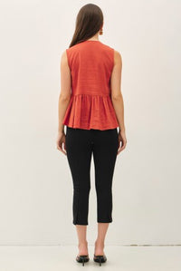 Airy terracotta viscose linen peplum top, side view