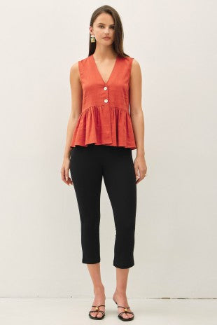 Terracotta sleeveless V-neck linen blend peplum top on model