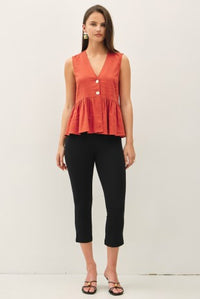 Terracotta sleeveless V-neck linen blend peplum top on model