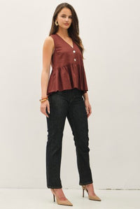 Brown sleeveless V-neck linen blend peplum top on model