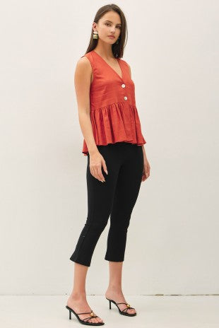 Terracotta linen peplum top with gathered waist and front buttons