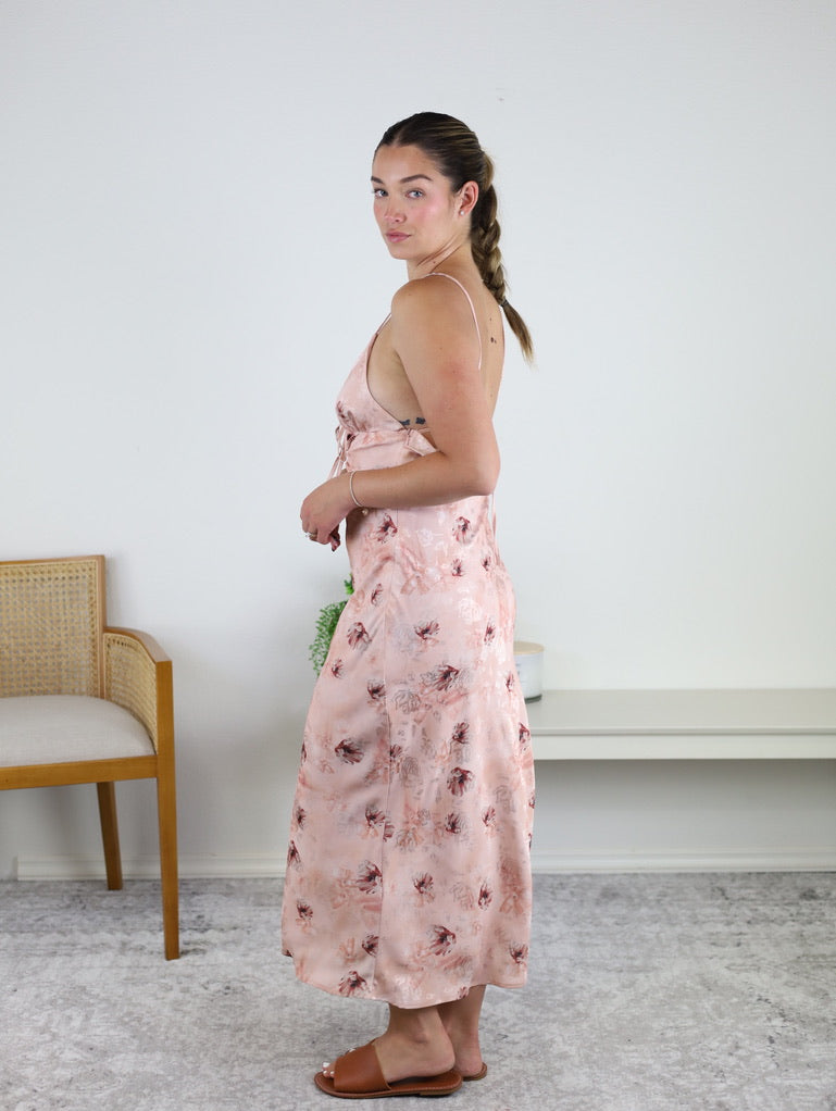 Betty Satin Floral Tie Front Midi Dress