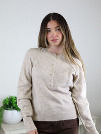 A young woman with long brown hair wears the Theo Sweater, a beige relaxed-fit half-button henley, paired with brown pants. She stands indoors by a white table holding a green potted plant, looking to the side.