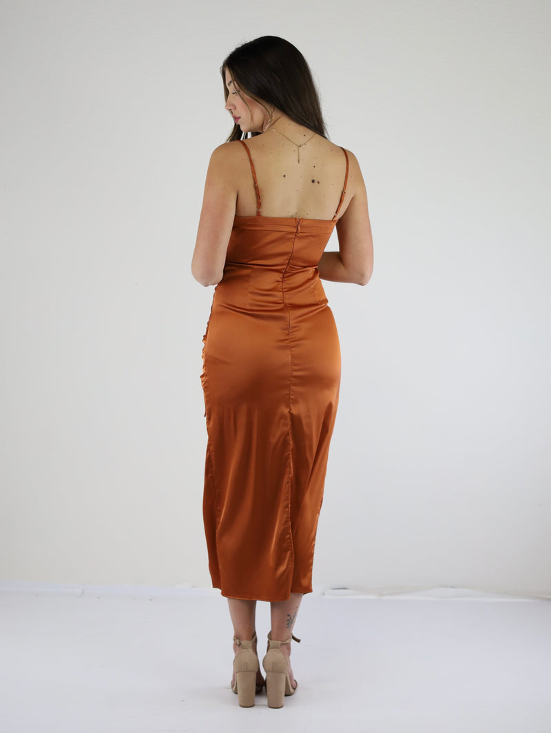 Mimi Midi Stain Dress with Chain Adjustable Straps-Rust