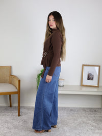 Women's brown belted mock neck knit top, a polished fall top for work or weekends