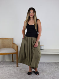 Marty Smocked Waist Midi Skirt - Moss