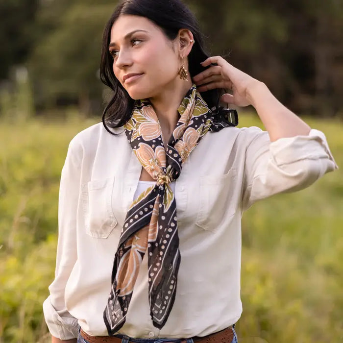Amy oversized wild rag bandana folded to show dogwood floral detail