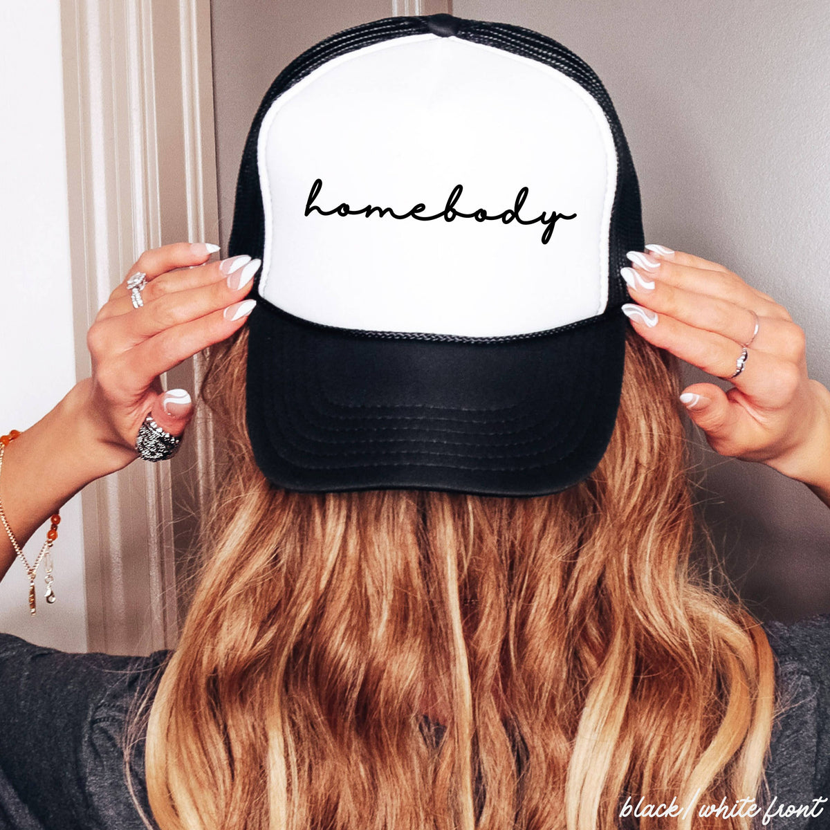 Chloe Vs Tank - Homebody Cursive Trucker Hat *12 Colors: Black/Black