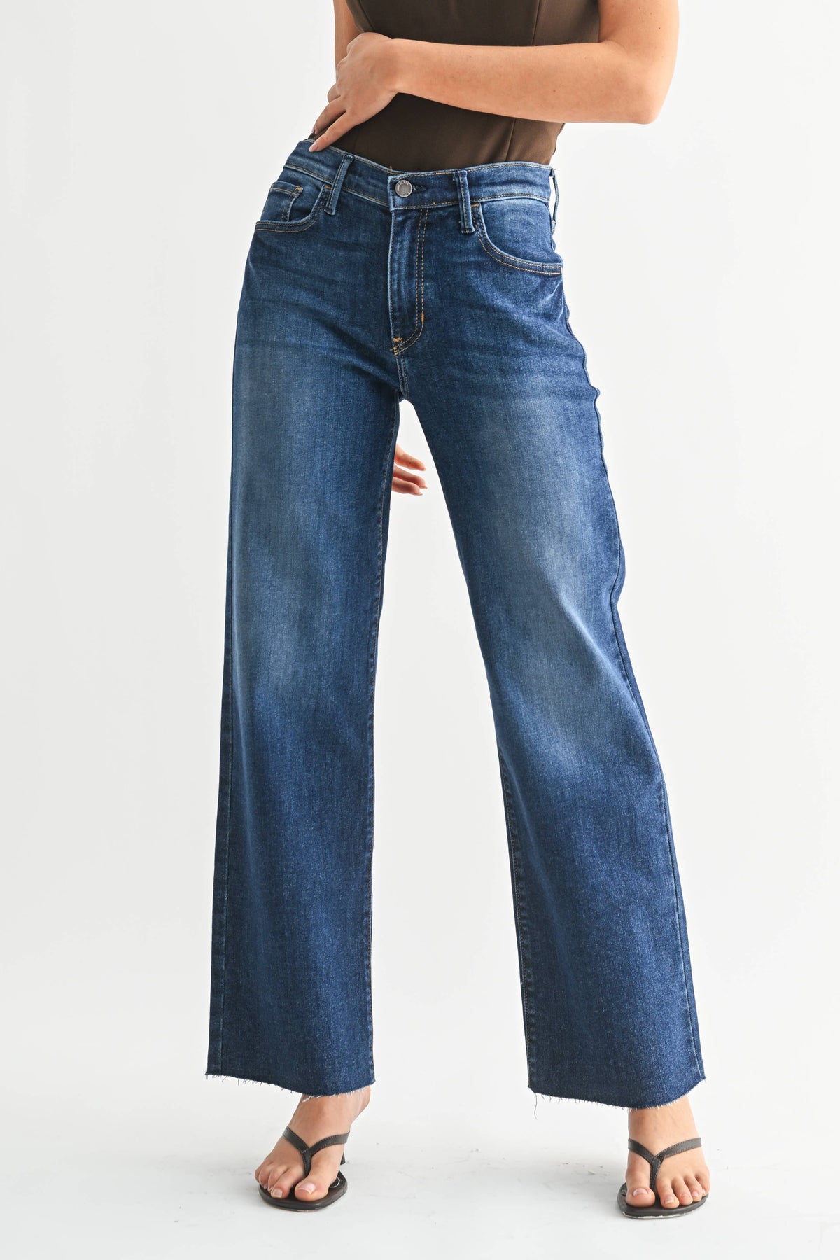 Ingrid High Rise Slim Palazzo Jean in dark blue wash - front view