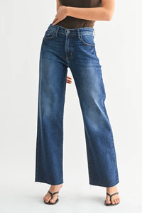 Ingrid High Rise Slim Palazzo Jean in dark blue wash - front view