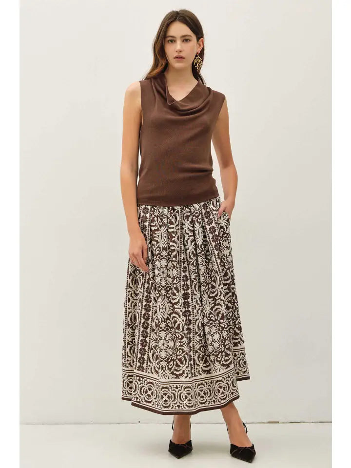 Flowy printed rayon midi skirt in brown detail