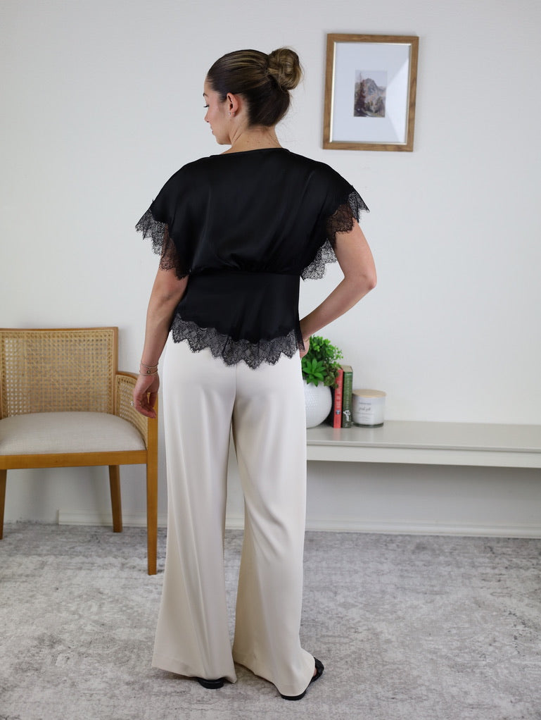Tulip Lace Trim Blouse -Black