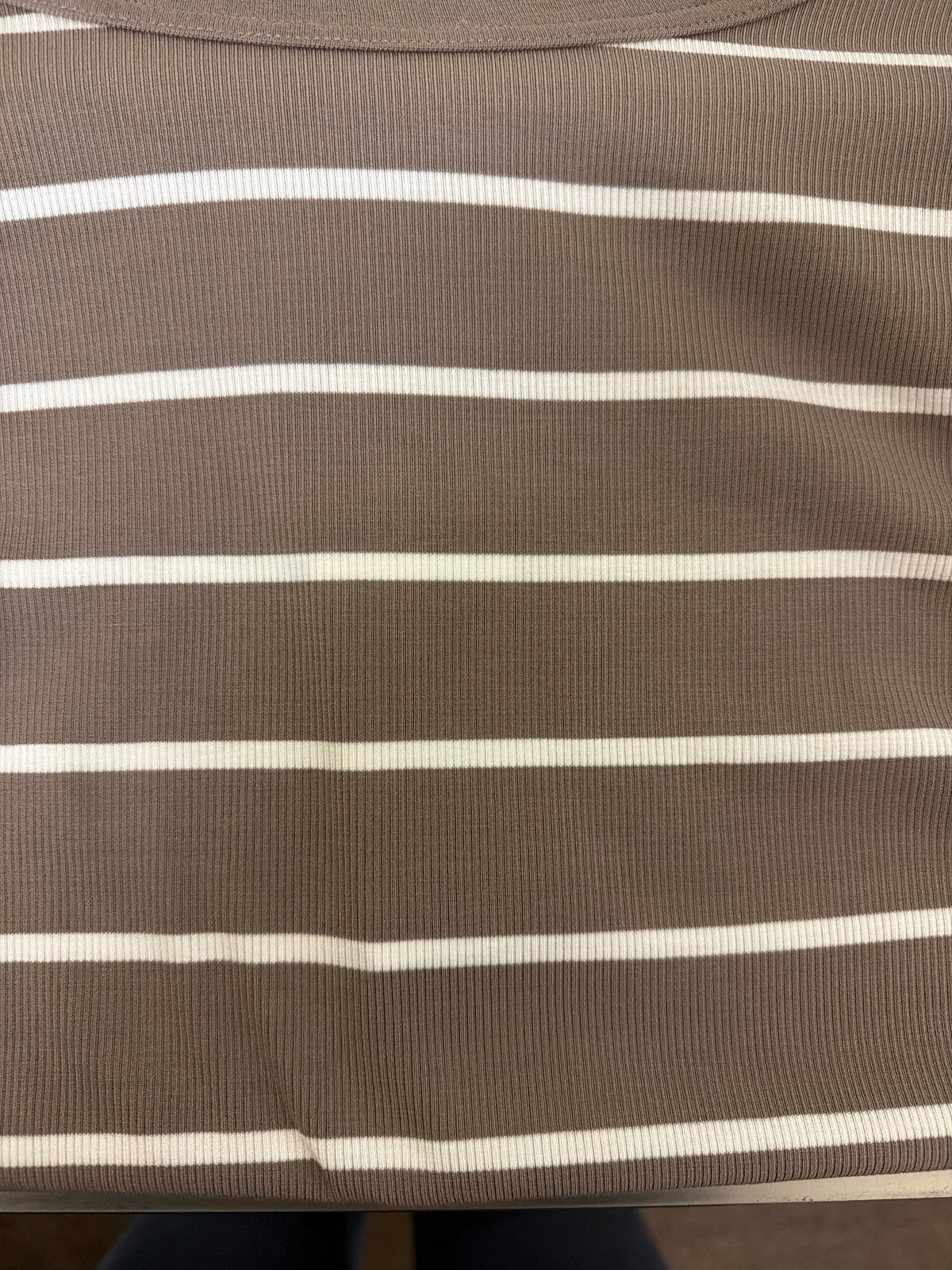 Stacy Striped Top in terracotta with horizontal white stripes, a ribbed texture, and a rounded neckline.
