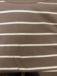 Stacy Striped Top in terracotta with horizontal white stripes, a ribbed texture, and a rounded neckline.