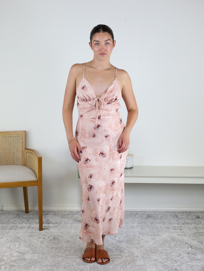 Betty Satin Floral Tie Front Midi Dress