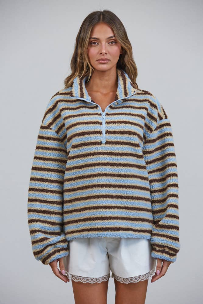 Creamon - T3535 Relaxed Sherpa Striped Half Zip Pullover: BLUE/BROWN / S-M-L (3-2-1)